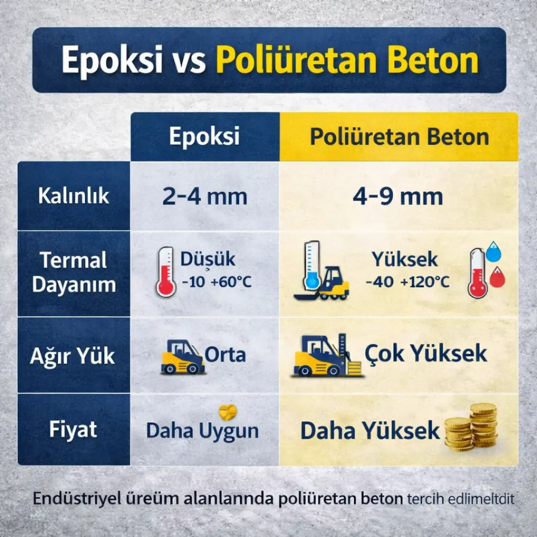 Epoksi ve poliüretan beton kaplama farkları kalınlık termal dayanım ve yük performans karşılaştırması&nbsp;