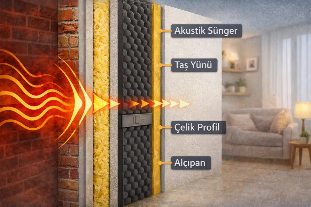 Komşu duvar ses yalıtımı kesiti taş yünü akustik sünger ve alçıpan sistemi