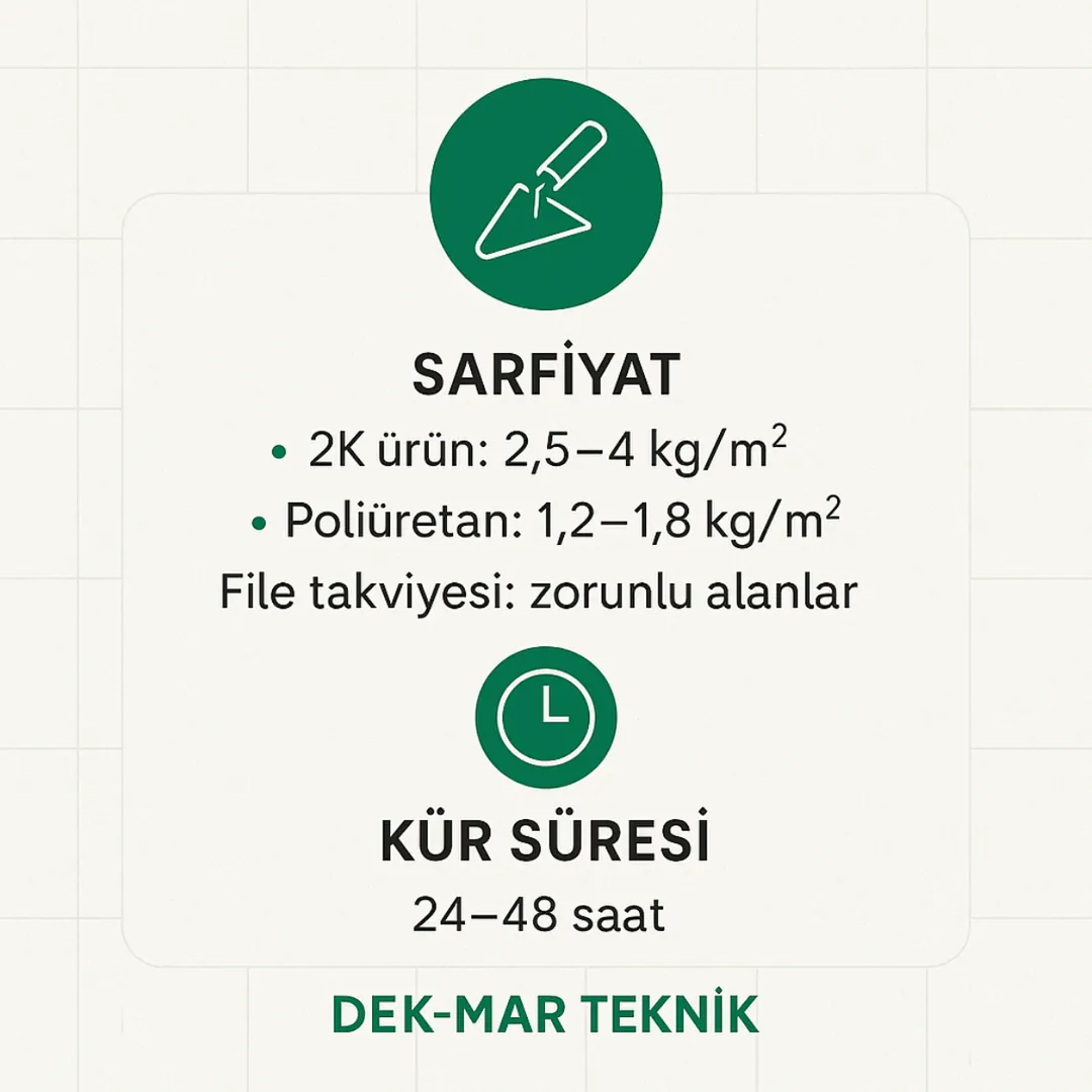 Sürme izolasyon teknik bilgi kutusu – sarfiyat değerleri, kat sayısı, kür süresi – Dek-Mar Teknik.
