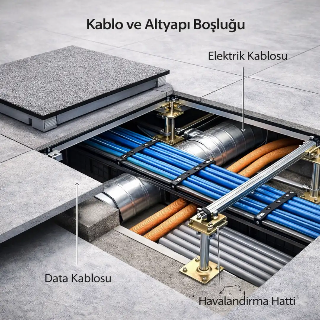 yükseltilmiş döşeme altında kablo ve teknik altyapı boşluğu&nbsp;