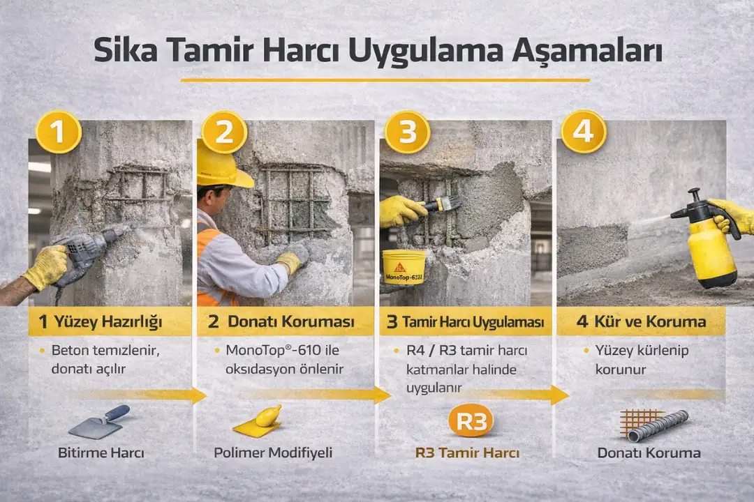 Sika tamir harcı beton onarım uygulama aşamaları