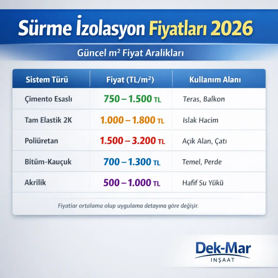 Sürme izolasyon fiyatları 2026 m2 fiyat tablosu çimento esaslı, poliüretan ve 2K su yalıtımı maliyet karşılaştırması