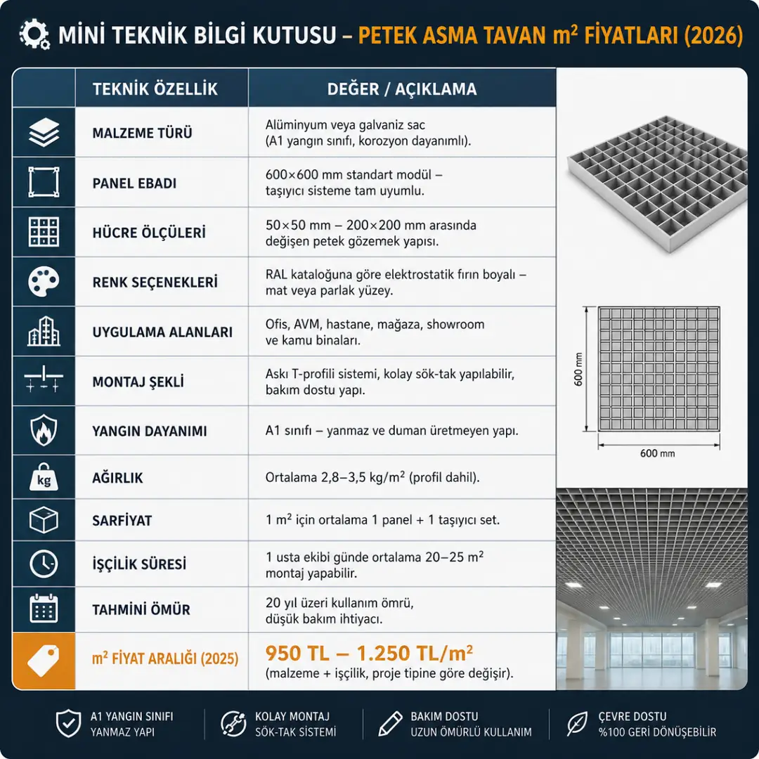 2026 petek asma tavan m² fiyatları, teknik özellikler, hücre ölçüleri ve A1 yangın sınıfını gösteren infografik.