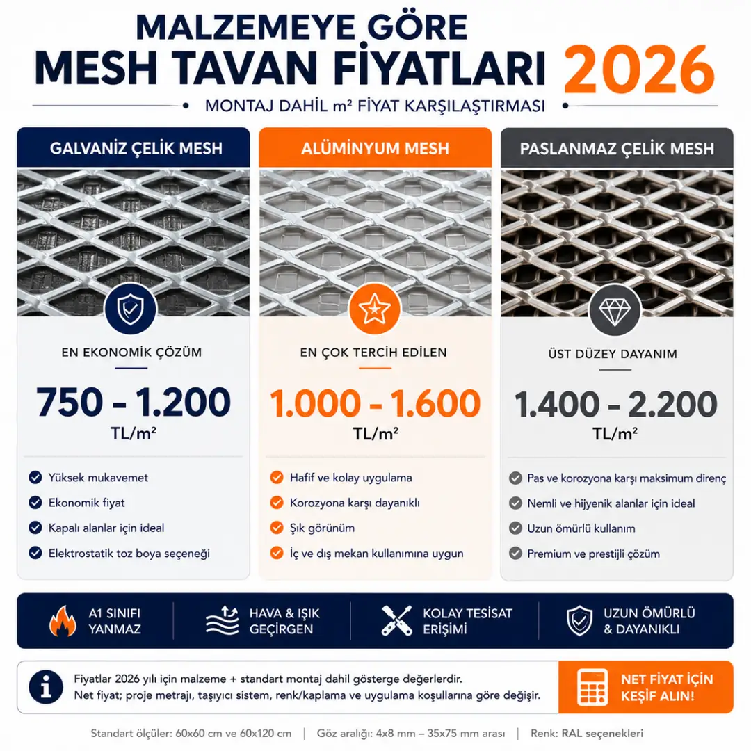 Galvaniz, alüminyum ve paslanmaz çelik mesh tavan sistemlerinin 2026 metrekare fiyat karşılaştırmasını gösteren infografik