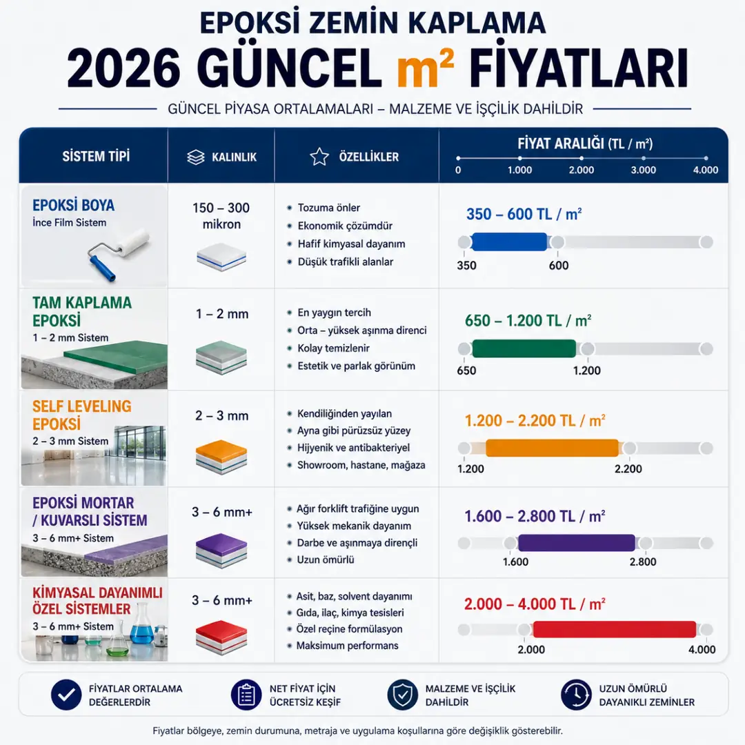 2026 epoksi zemin kaplama fiyat tablosu, epoksi boya, tam kaplama, self leveling ve mortar sistem m² maliyetleri&nbsp;