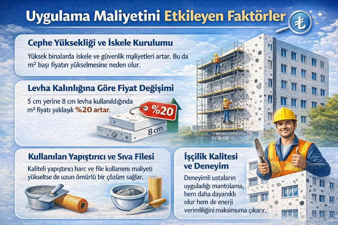 Dalmaçyalı mantolama uygulama maliyetini etkileyen faktörler; cephe yüksekliği, levha kalınlığı, malzeme ve işçilik