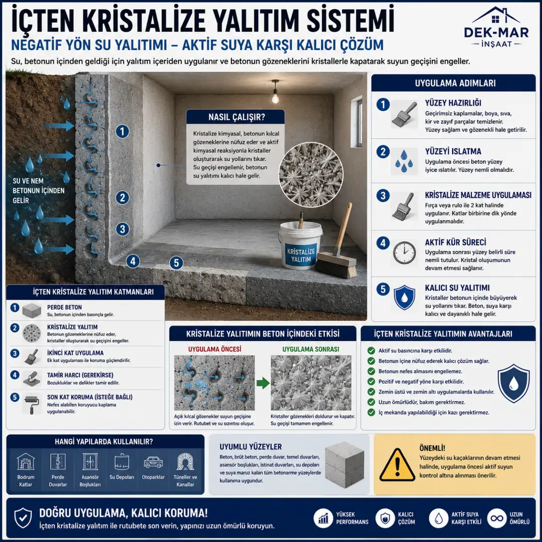 İçten uygulanan kristalize su yalıtımı sistemi ve beton koruma yapısı