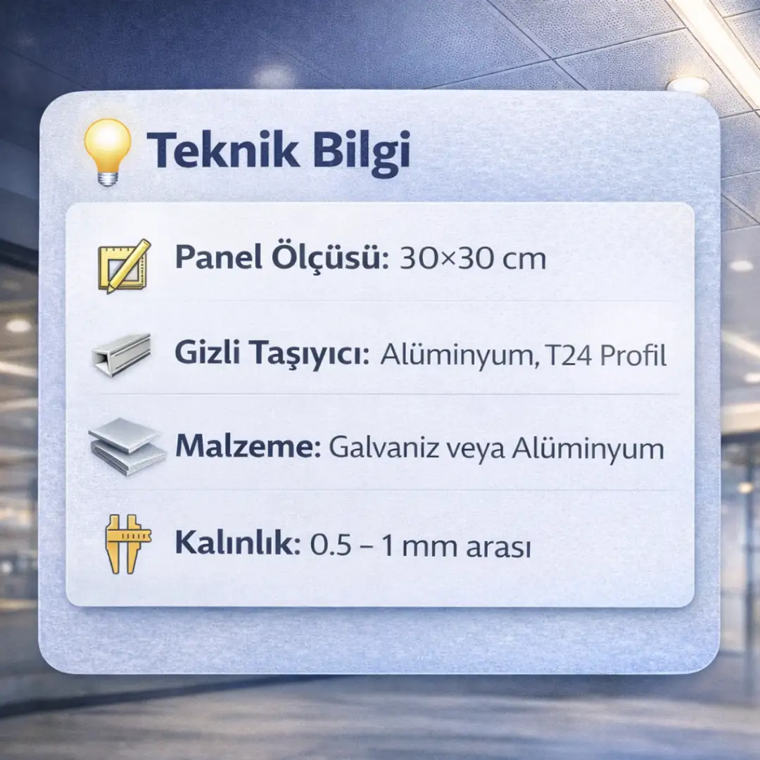 30x30 clip in metal asma tavan teknik özellikleri panel ölçüsü kalınlık taşıyıcı sistem alüminyum clip in detayları