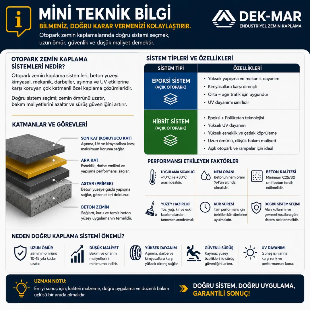 Epoksi ve poliüretan otopark kaplama teknik bilgi tablosu&nbsp;