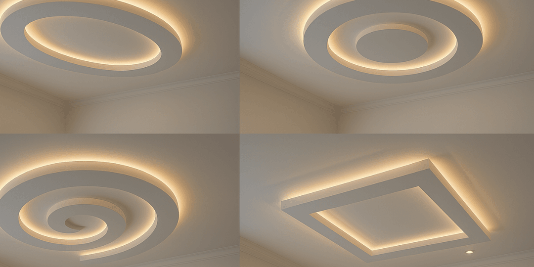 3D efektli alçıpan göbek modelleri, LED ışıklarla zenginleştirilmiş modern tavan tasarımlarıyla derinlik ve şıklık sunar.