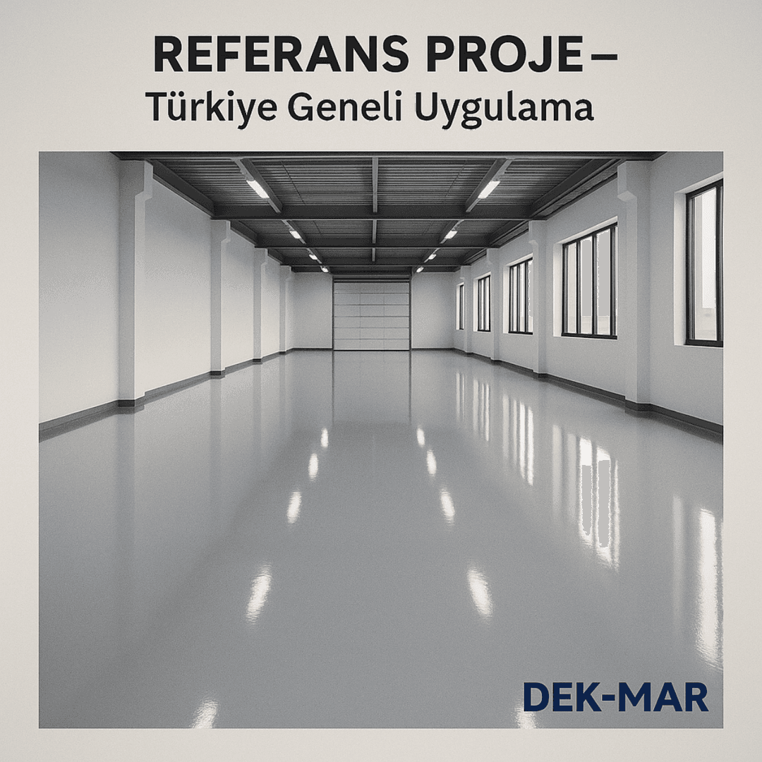 Tamamlanmış epoksi zemin kaplama referans projesi – parlak yüzey, Dek-Mar 2025 Türkiye geneli uygulama. 