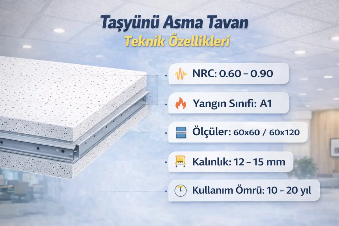 “taşyünü asma tavan teknik özellikleri NRC yangın sınıfı ölçüler”