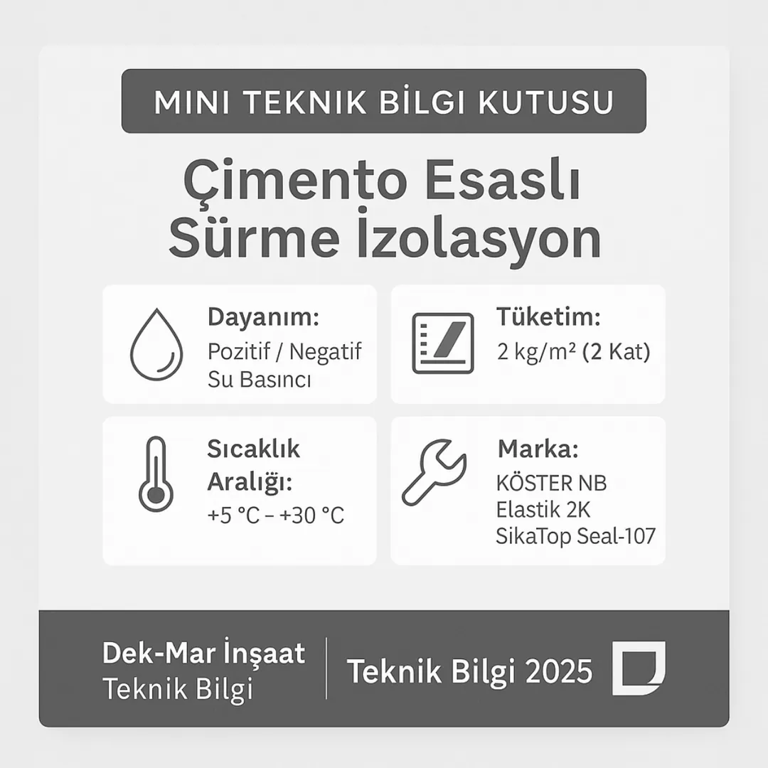 Çimento esaslı sürme izolasyon teknik bilgi kutusu – KÖSTER ve Sika ürünleriyle su yalıtımı detayları 2025