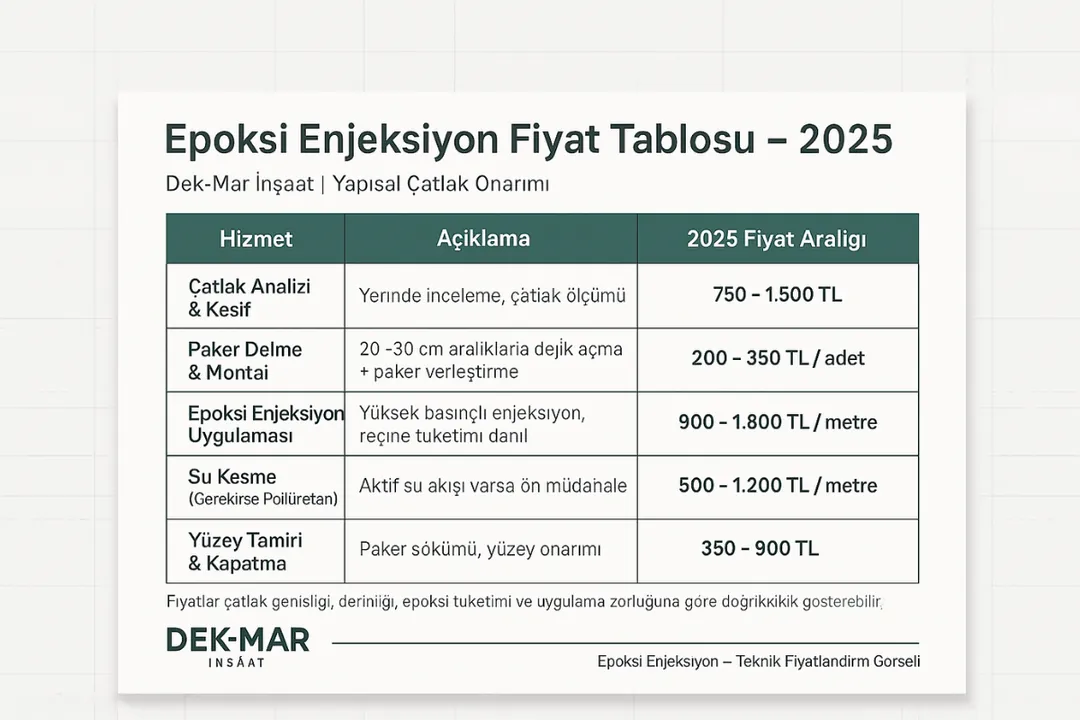 “Epoksi enjeksiyon fiyat tablosu – çatlak onarımı, paker montajı ve yüksek basınçlı enjeksiyon maliyetleri infografiği – Dek-Mar 2025”
