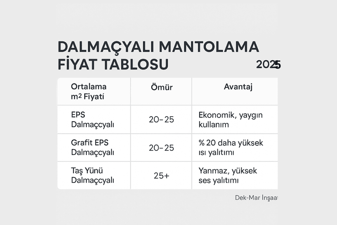 Dalmaçyalı mantolama m2 fiyat tablosu: EPS, grafit EPS, taş yünü karşılaştırması. 
