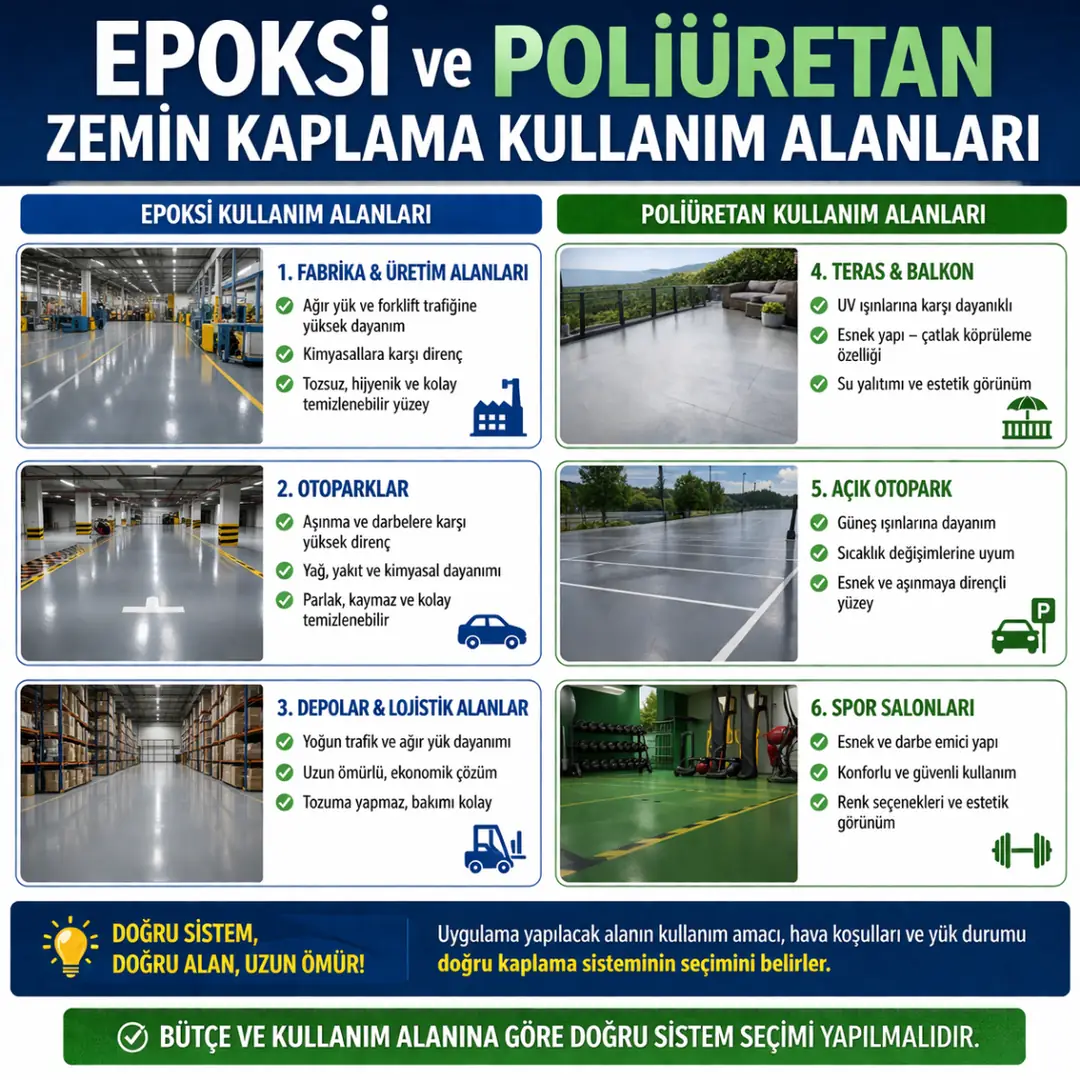 Epoksi ve poliüretan zemin kaplama kullanım alanları, fabrika, otopark, teras ve spor salonu uygulamaları