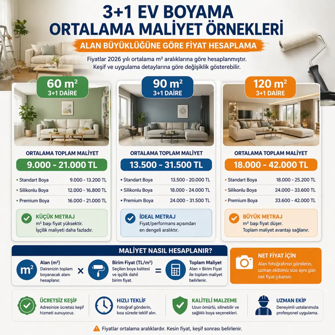 Ev boyama ortalama maliyet örnekleri 60 90 120 m2 fiyat hesaplama&nbsp;
