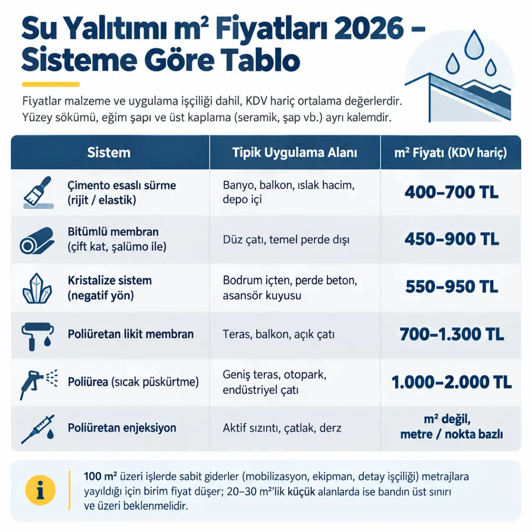 Su yalıtımı m² fiyat tablosu 2026 – sisteme göre fiyatlar