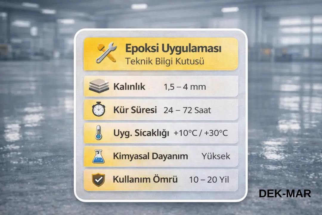 Epoksi uygulaması teknik özellikleri, kalınlık, kür süresi ve dayanım bilgileri&nbsp;