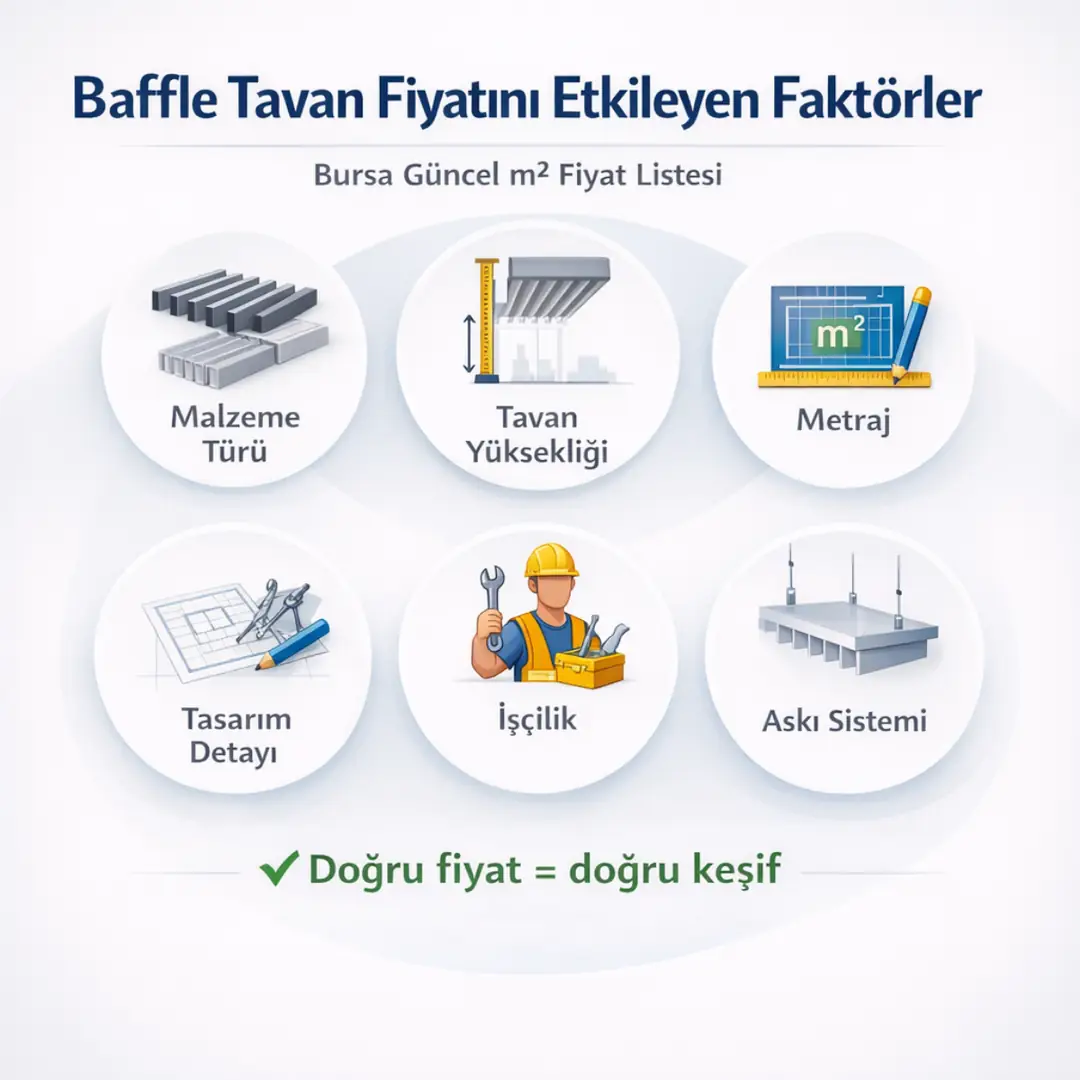 Bursa baffle tavan fiyatını etkileyen faktörler nelerdir malzeme işçilik metraj tavan yüksekliği detaylı infografik&nbsp;
