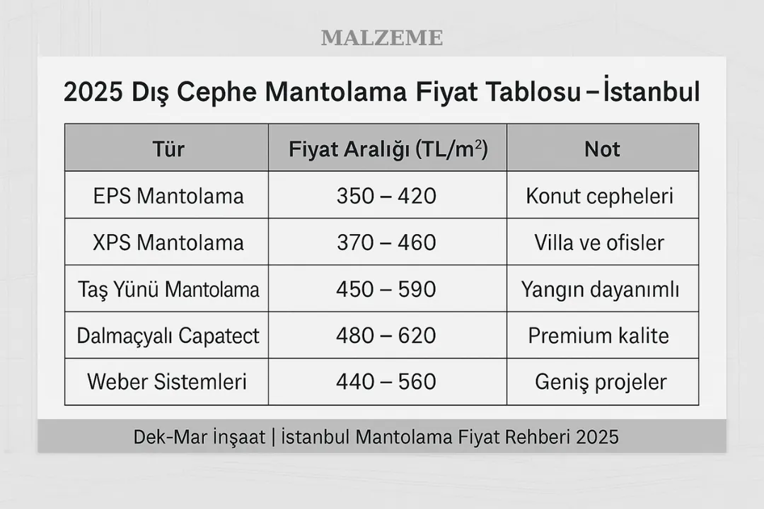 2025 İstanbul dış cephe mantolama fiyat tablosu – EPS, XPS, Dalmaçyalı ve Weber sistem fiyatları 