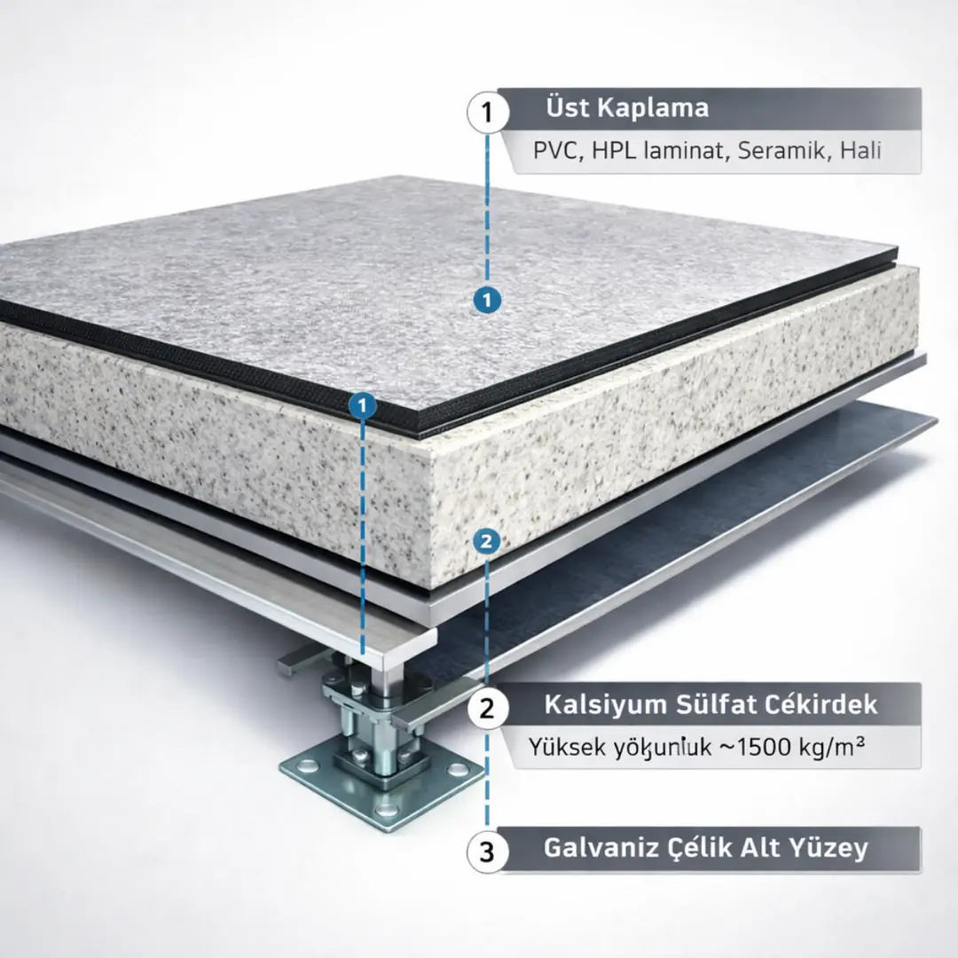 Kalsiyum sülfat özlü yükseltilmiş döşeme panel yapısı ve katman detayları teknik şema