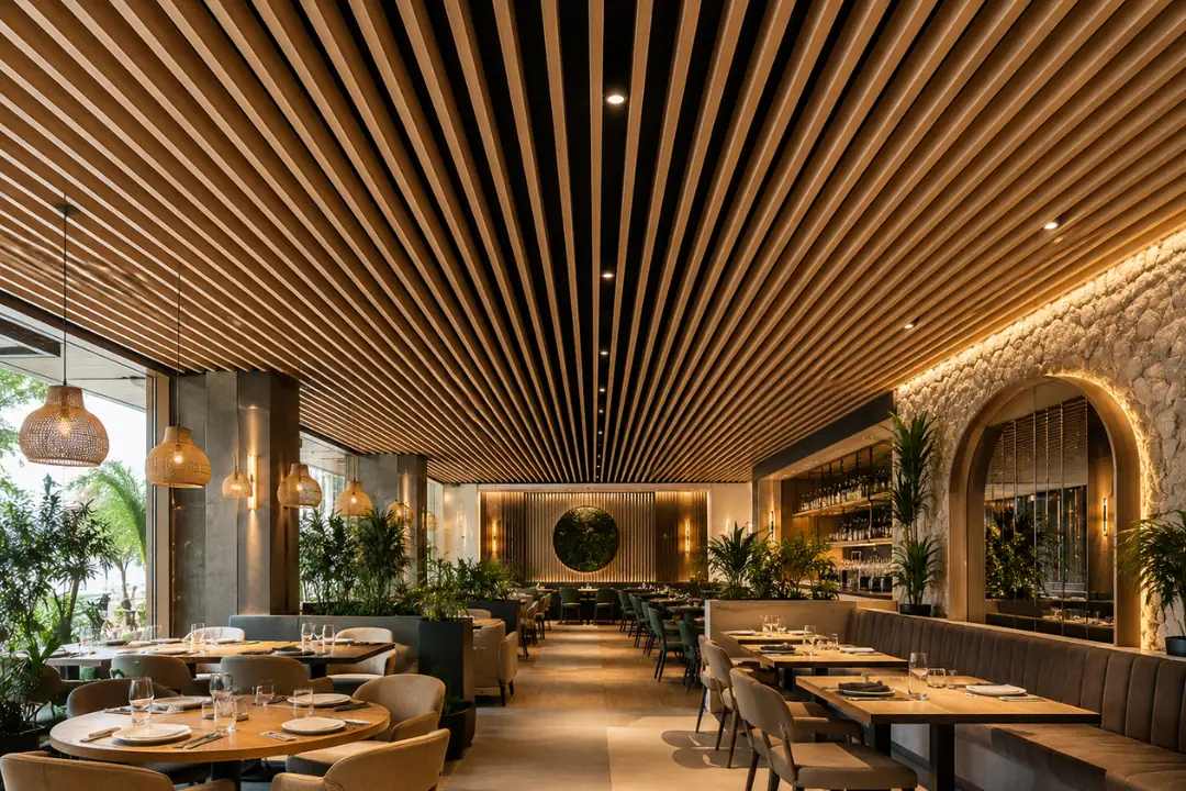 Ahşap desenli U büküm baffle tavan - restoran uygulaması&nbsp;