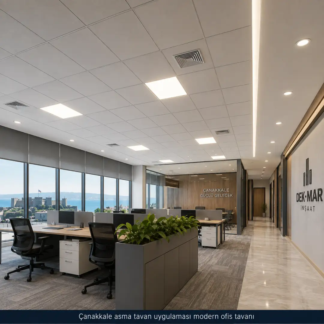 Çanakkale'de modern ofis için uygulanan modüler asma tavan sistemi, LED aydınlatmalı estetik ve profesyonel iç mekân tavan uygulaması.&nbsp;
