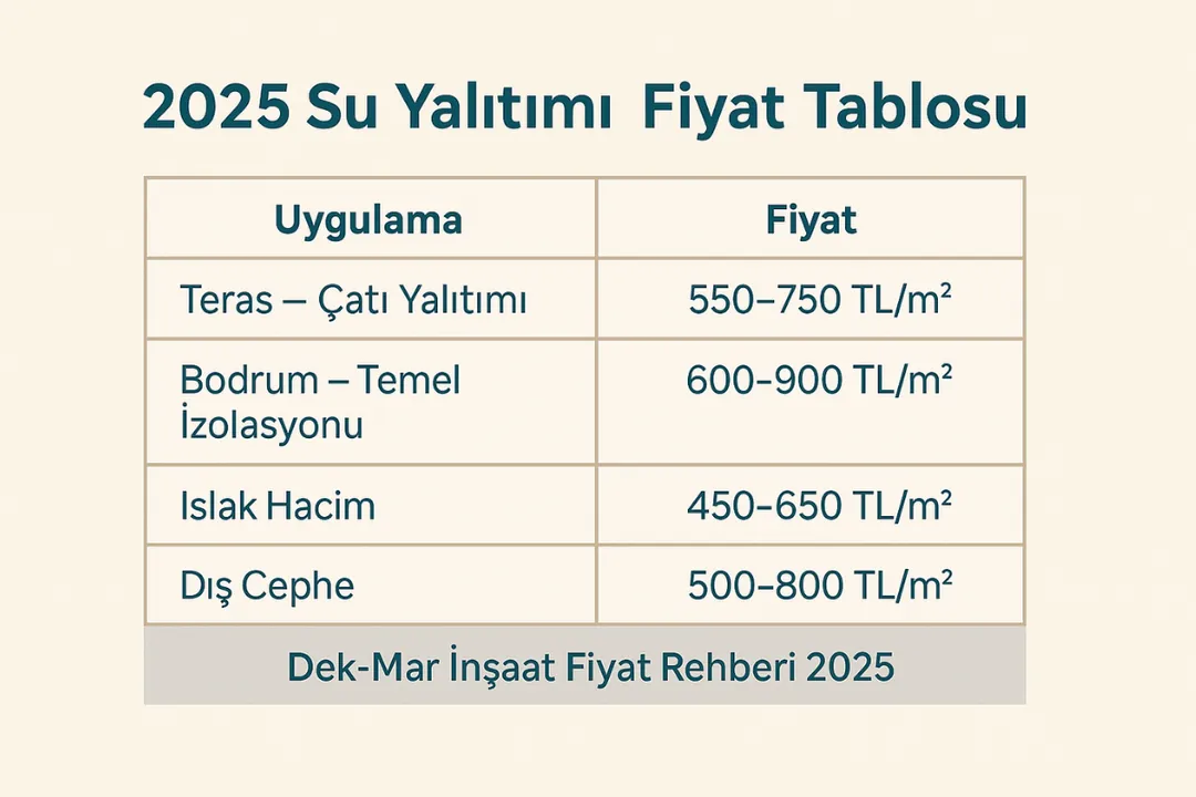 2025 su yalıtımı ve izolasyon fiyat tablosu – Dek-Mar İnşaat rehberi