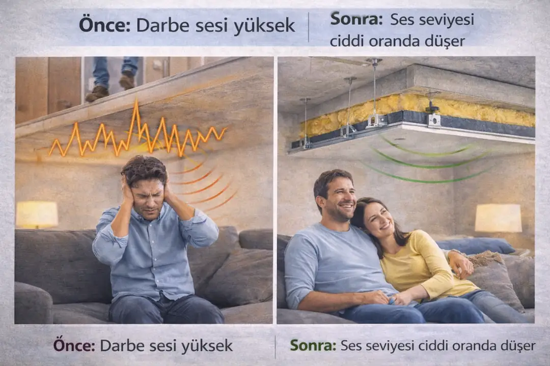 Üst kattan gelen ses yalıtımı öncesi ve sonrası etki karşılaştırması&nbsp;