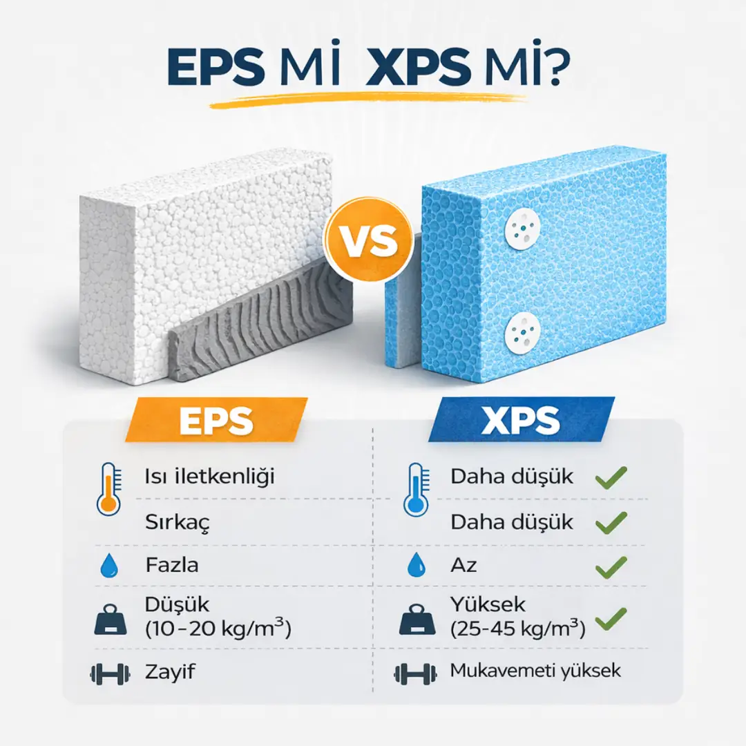 EPS ve XPS mantolama levhaları karşılaştırması, ısı yalıtımı su emme ve dayanım farklarını gösteren infografik&nbsp;