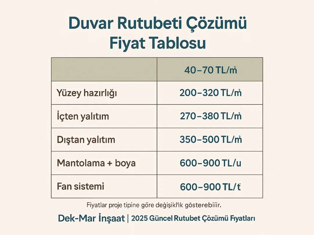 Duvar rutubeti çözümü fiyat tablosu 2025 – su yalıtımı, mantolama ve iç cephe uygulama maliyetleri – Dek-Mar
