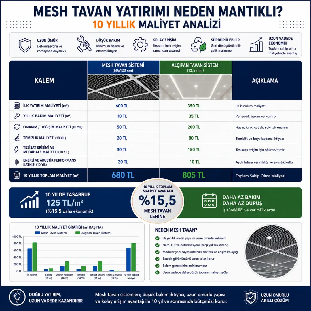 Mesh tavan ile alçıpan tavan sistemlerinin 10 yıllık bakım, onarım ve toplam sahip olma maliyeti karşılaştırmasını gösteren grafik