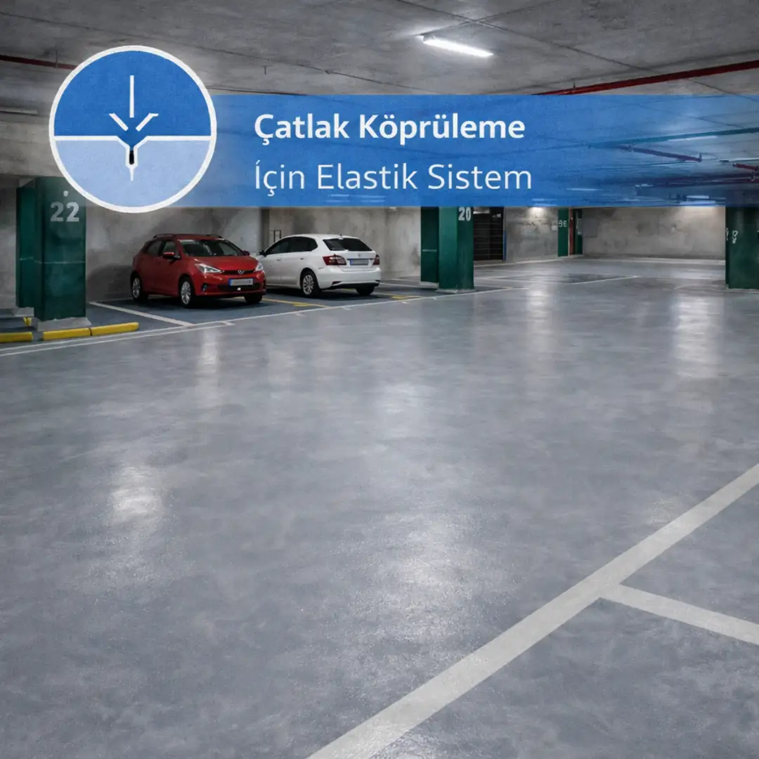 Mapefloor Parking System ID ile uygulanmış elastik otopark zemin kaplama, çatlak köprüleme özelliği
