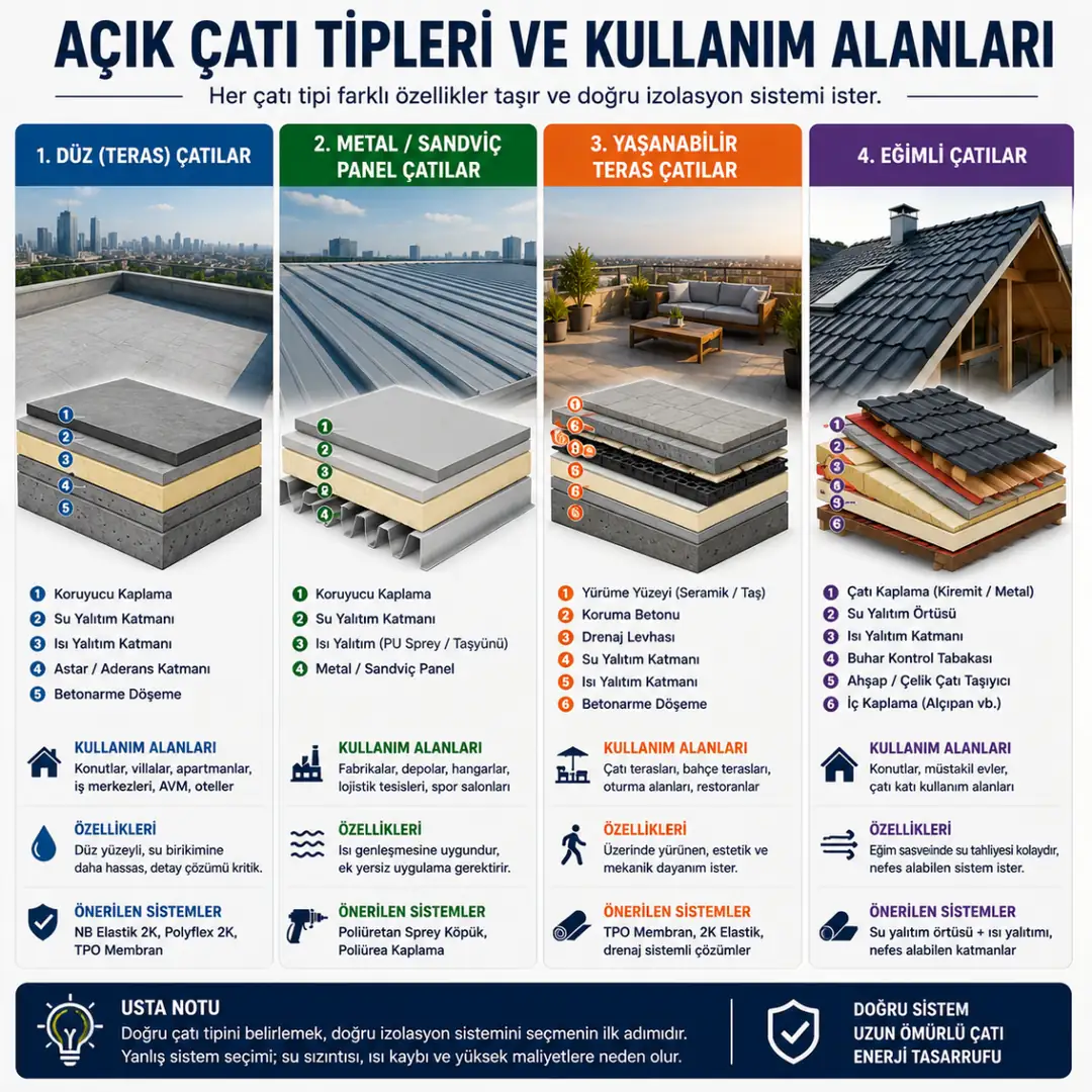 Düz teras çatı metal çatı yaşanabilir teras ve eğimli çatı türleri karşılaştırması&nbsp;