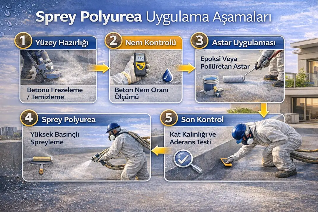 Sprey polyurea uygulama aşamaları, yüzey hazırlığından son kontrole kadar adım adım anlatım.&nbsp;