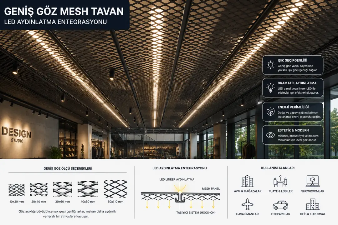 LED aydınlatma entegre edilmiş geniş gözlü mesh tavan&nbsp;
