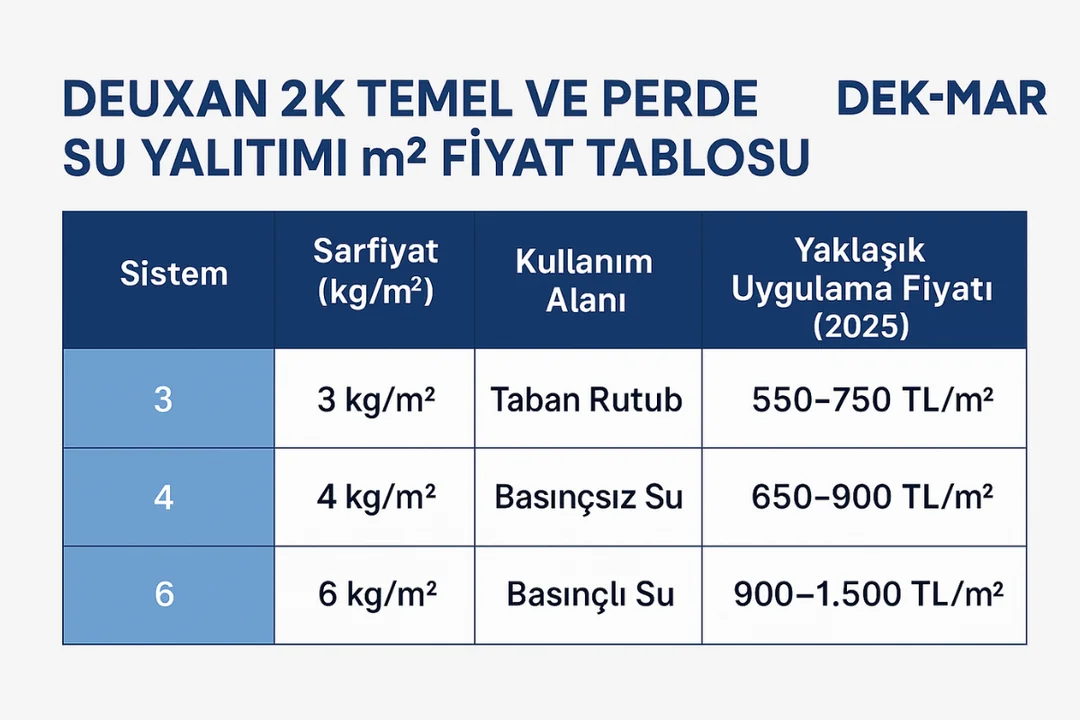Deuxan 2K temel ve perde su yalıtımı m2 fiyat tablosu – basınçsız ve basınçlı su için sarfiyat ve uygulama maliyetleri – Dek-Mar