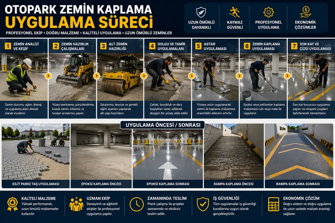 Site otoparkı zemin kaplama uygulama süreci saha çalışması epoksi parke zemin uygulama ekipleri&nbsp;