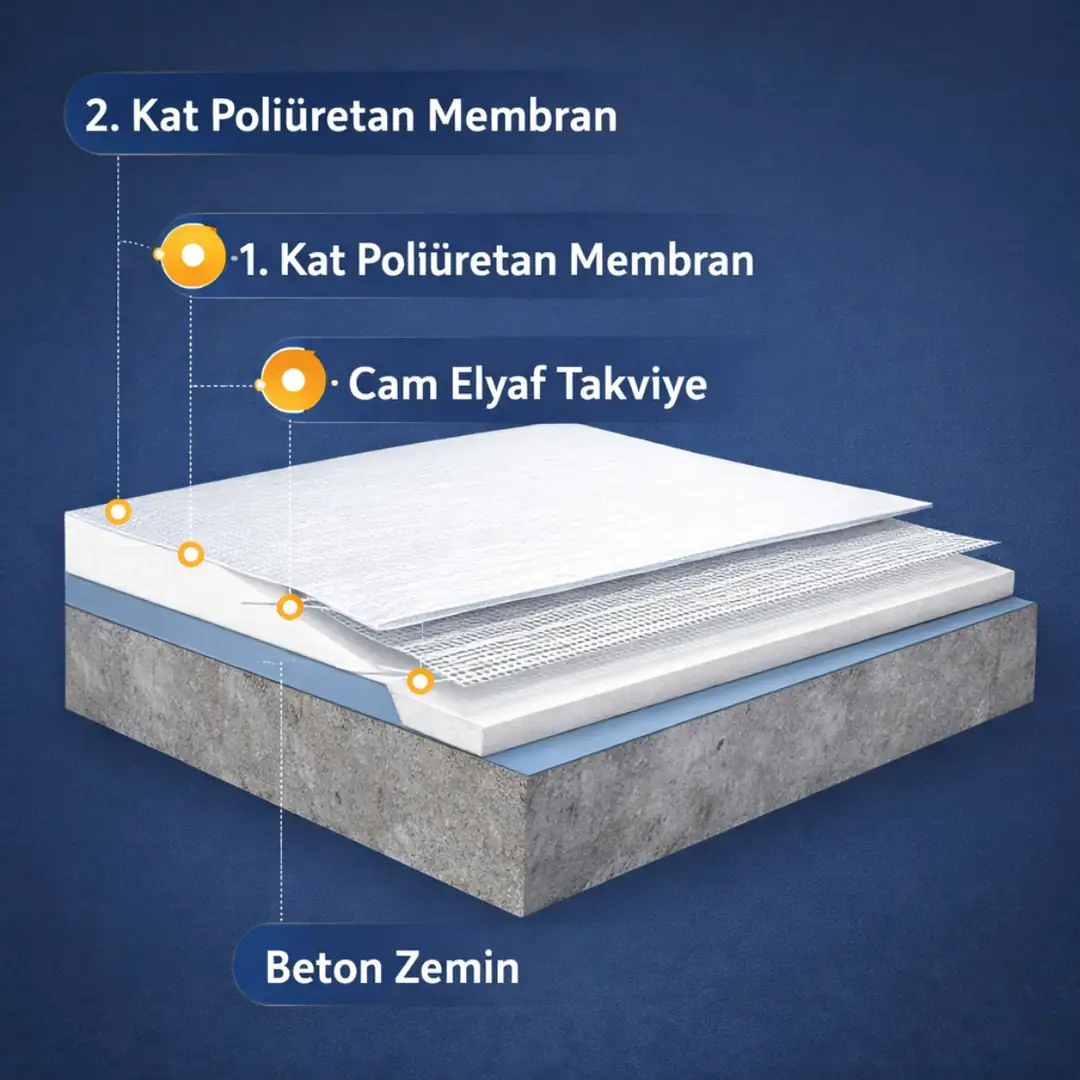 Poliüretan likit membran su yalıtımı katman kesit şeması