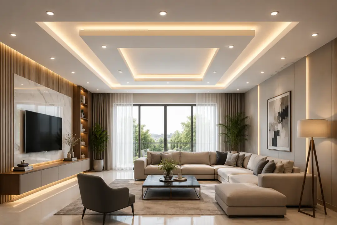 Gizli LED aydınlatmalı modern alçıpan tavan uygulaması ile ferah salon dekorasyonu ve şık iç mekân tasarımı.