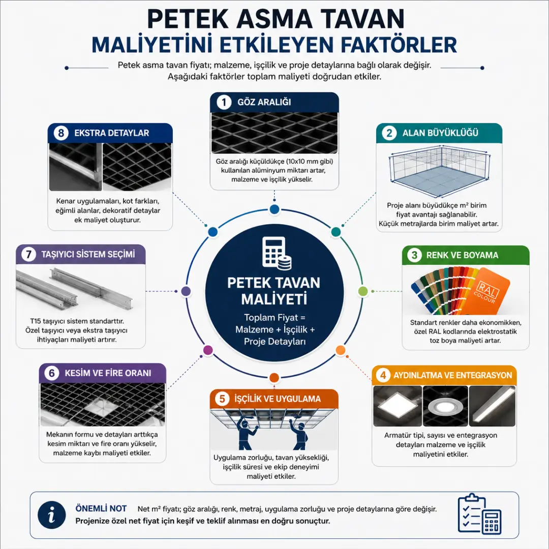 Petek asma tavan maliyetini belirleyen temel fiyat faktörleri