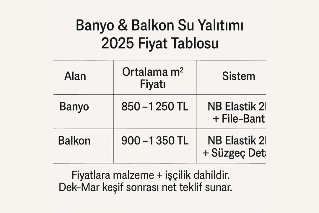 2025 banyo ve balkon su yalıtımı fiyat tablosu – Dek-Mar uygulama maliyetleri.