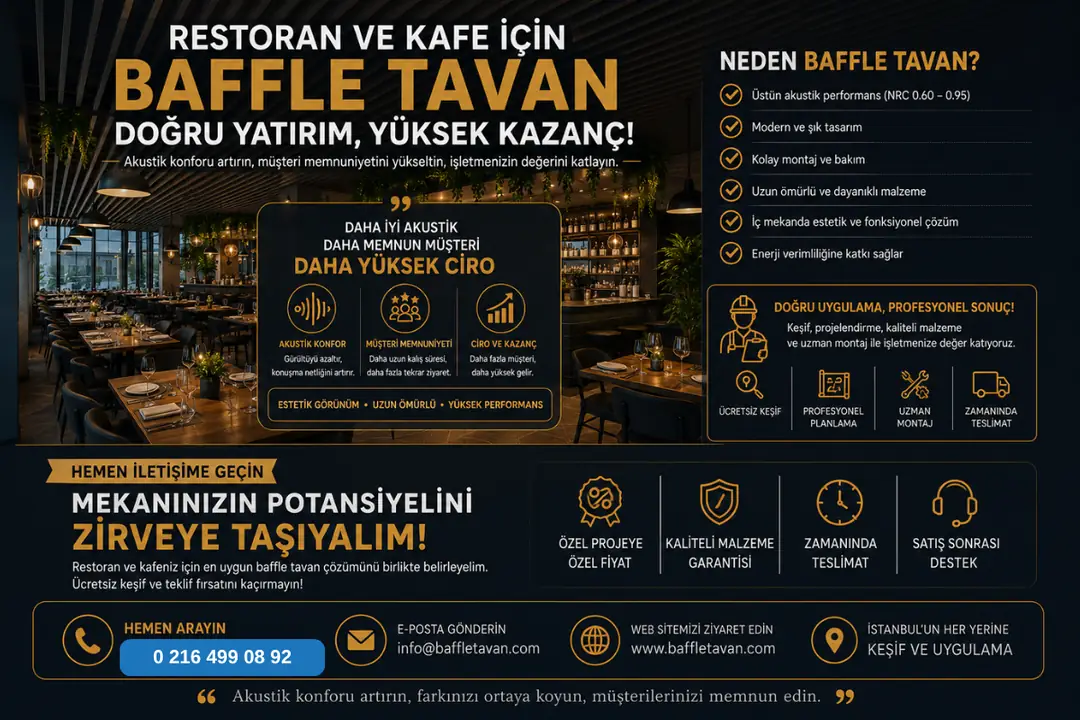 Premium restoran için ahşap desenli akustik baffle tavan çözümü&nbsp;