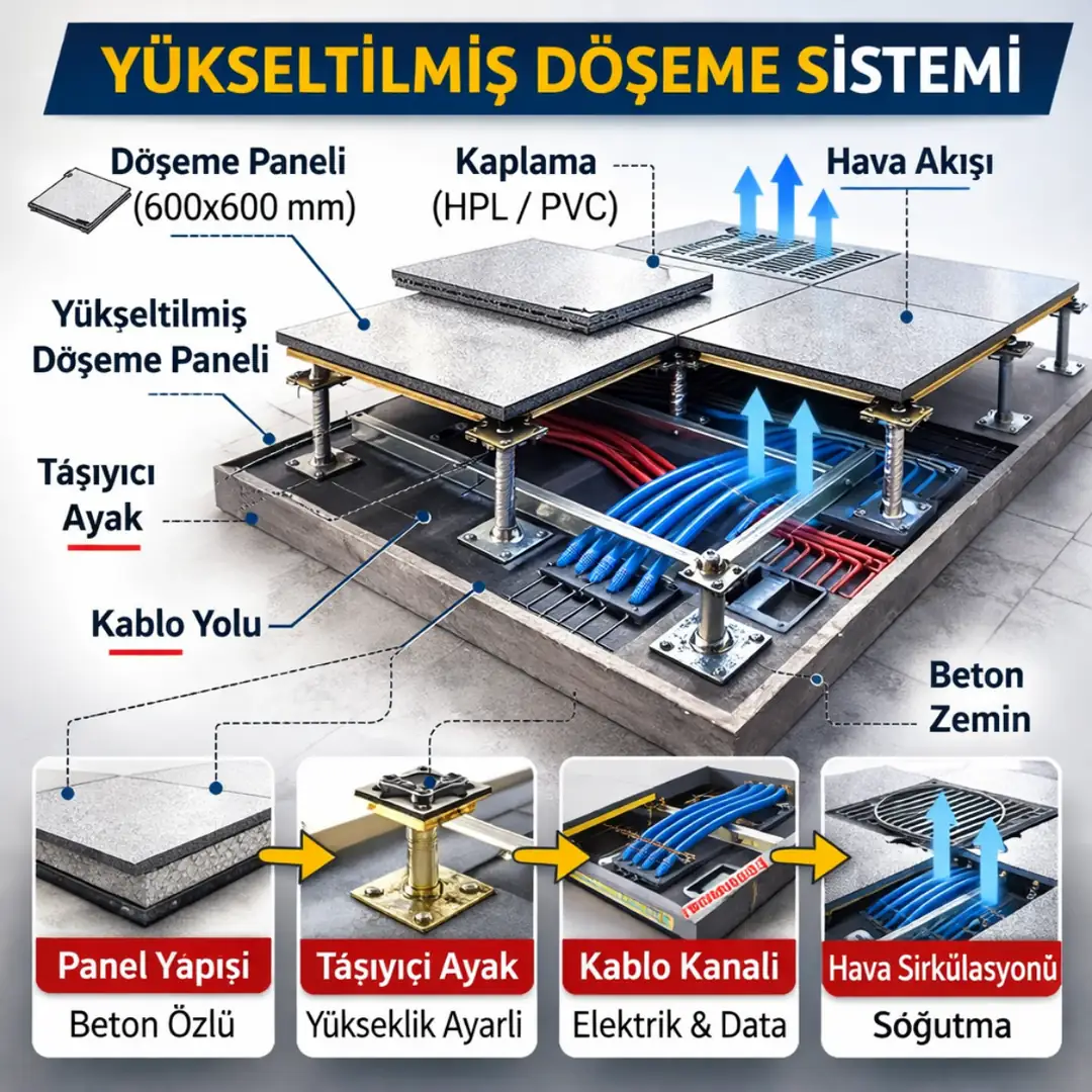 Yükseltilmiş döşeme sisteminin panel, taşıyıcı ayak ve kablo alanı katmanlarını gösteren teknik şema&nbsp;