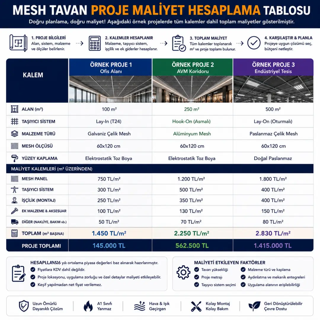 50 m² ofis, 100 m² showroom, 250 m² AVM ve 80 m² endüstriyel alan için mesh tavan proje maliyet hesaplama örneklerini gösteren karşılaştırma tablosu