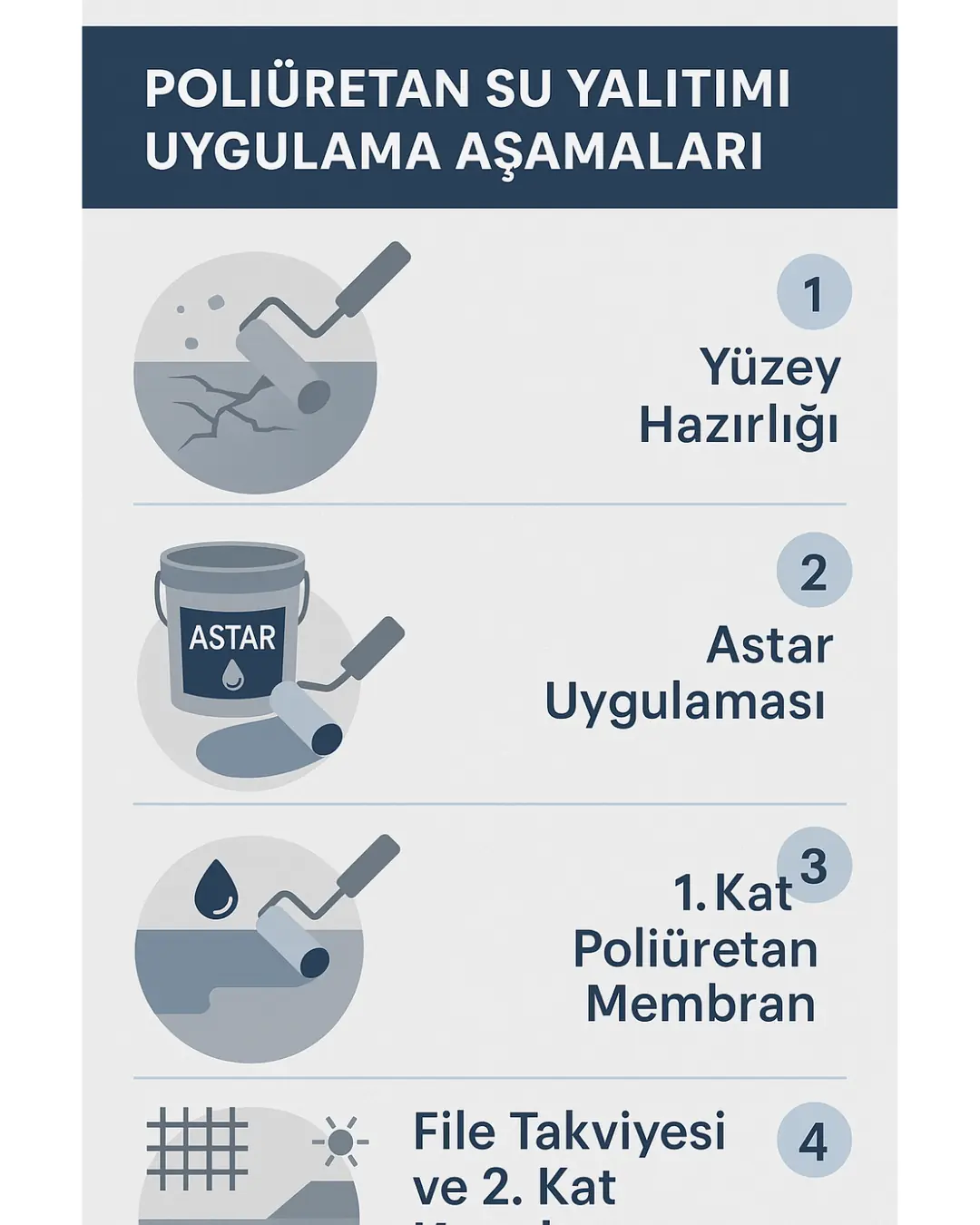 Poliüretan su yalıtımı uygulama aşamaları – astar, 1. kat, file, 2. kat – infografik rehber