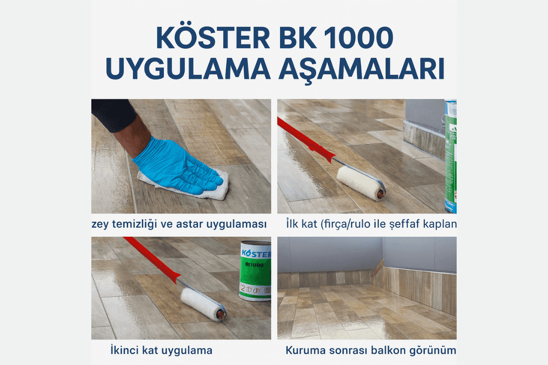 Köster BK 1000 uygulama aşamaları: astar, ilk kat, ikinci kat ve kuruma sonrası görünüm. 