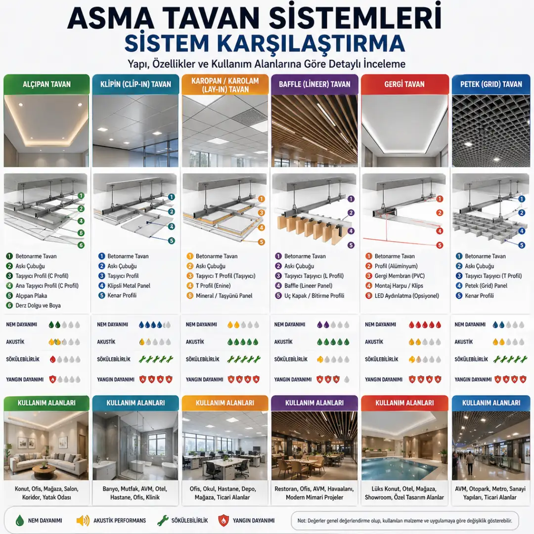 Alçıpan klipin karopan baffle gergi tavan sistem yapısı ve detay karşılaştırması&nbsp;