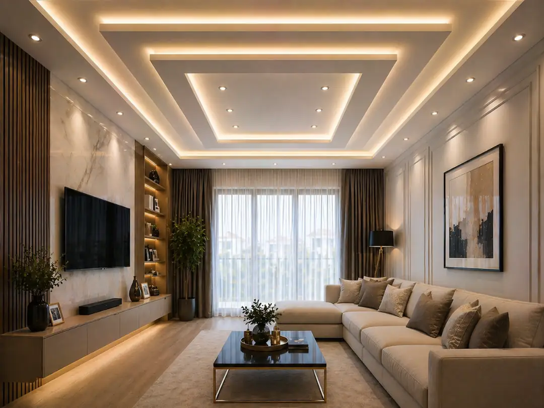 üç katmanlı led ve spot aydınlatmalı modern salon asma tavan lüks tasarım&nbsp;
